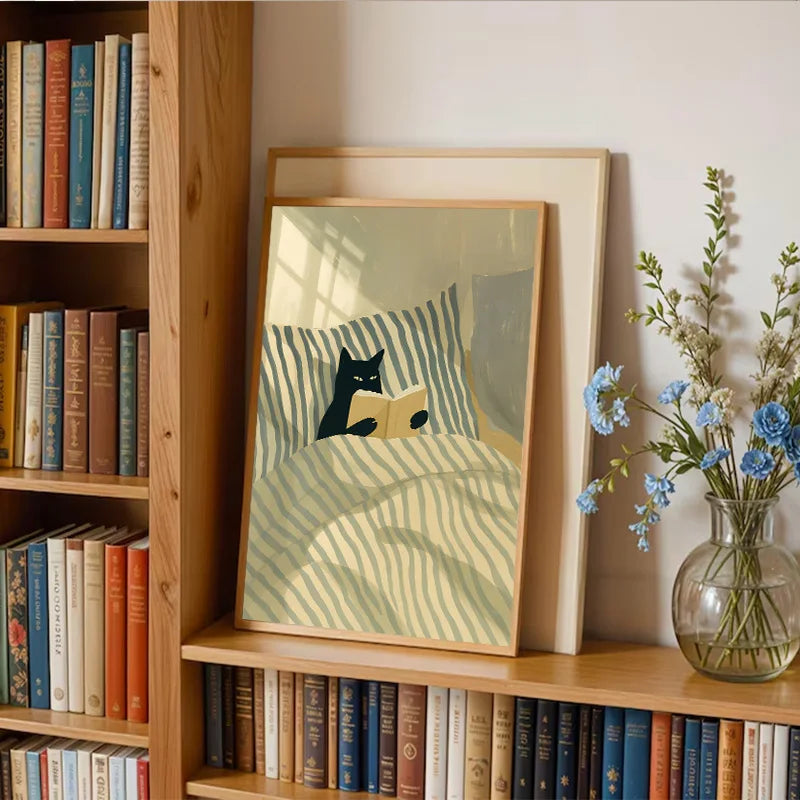Retro Black Cat Reading Wall Art Prints Reading Theme Poster Canvas Print Painting Artwork Study Bedroom Bookstore Home Decor