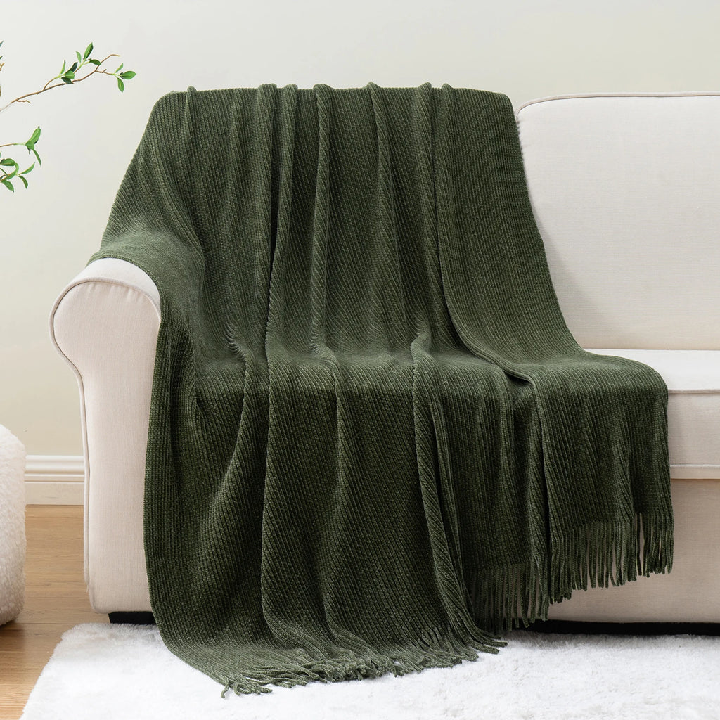 Battilo Soft Chenille Knit Blankets with Tassels Green Plaid Throw Blanket for Bed Couch Decorative Sofa Blanket Bedroom Decor
