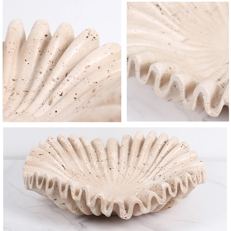 Marble Ruffle Bowl for Kitchen Counter and Living Room Travertine Scallop Bowl for Fruit Jewelry Decorative Tray for Home Decor
