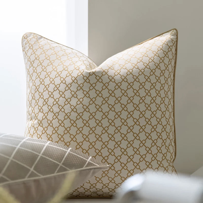DUNXDECO Oat Color Cushion Retro Geometric Jacquard Cushion Cover Pillow Case Art House Ivory Home Sofa Chair Coussin