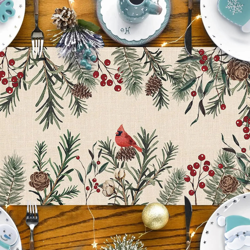 Christmas Pine Needle Branches Linen Table Runner Winter Cardinal Red Birds Farmhouse Kitchen Table Runner Christmas Decorations