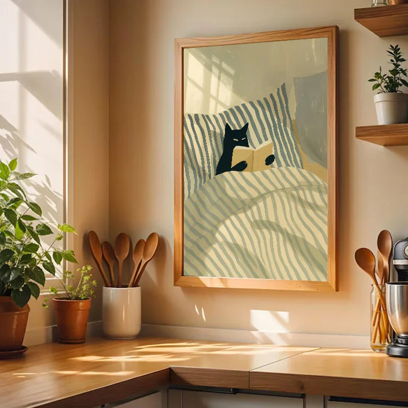 Retro Black Cat Reading Wall Art Prints Reading Theme Poster Canvas Print Painting Artwork Study Bedroom Bookstore Home Decor