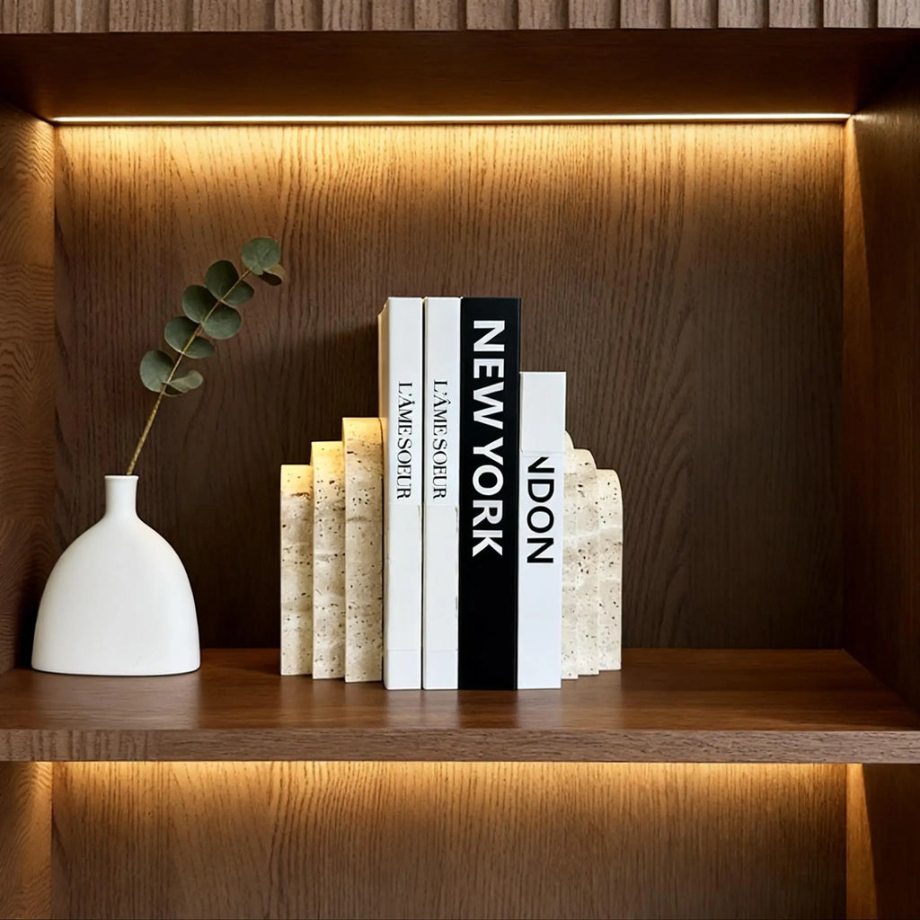 1 Piece Travertine Natural Marble Bookend, Stone Modern Decorative Desk Accessories for Home  Living Room, Office & Bookshelf