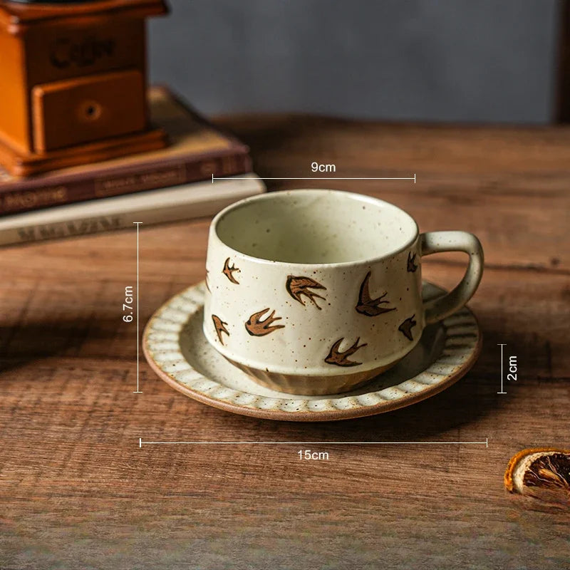 High-class Sense of Retro Coffee Cups and Saucers Set of Creative Rough Pottery Flower Cups Household High-grade Exquisite Mugs