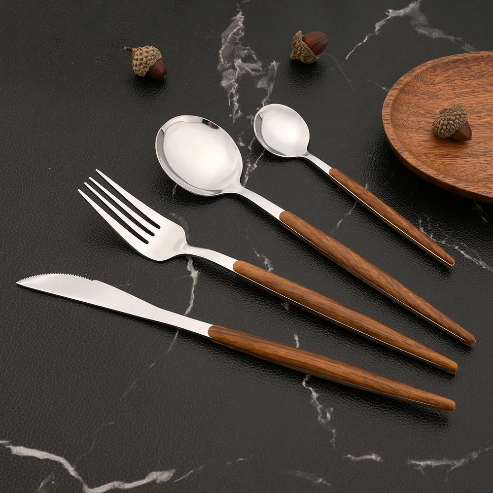 25Pcs Stainless Steel Imitation Wooden Handle Cutlery Set Dinnerware Clamp Western Tableware Knife Fork Tea Spoon Flatware Set
