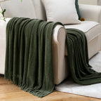 Battilo Soft Chenille Knit Blankets with Tassels Green Plaid Throw Blanket for Bed Couch Decorative Sofa Blanket Bedroom Decor