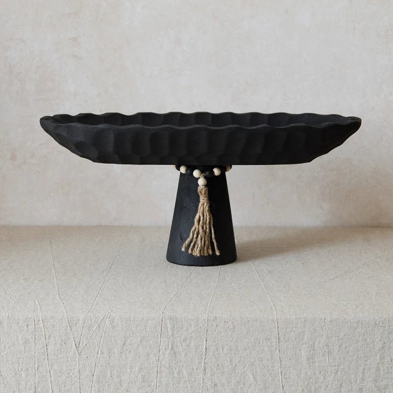 Wood Fruit Bowl, Decorative Black Bowl with Natural Finish Pedestal Use As Centerpiece for Kitchen Counter or Dining Table