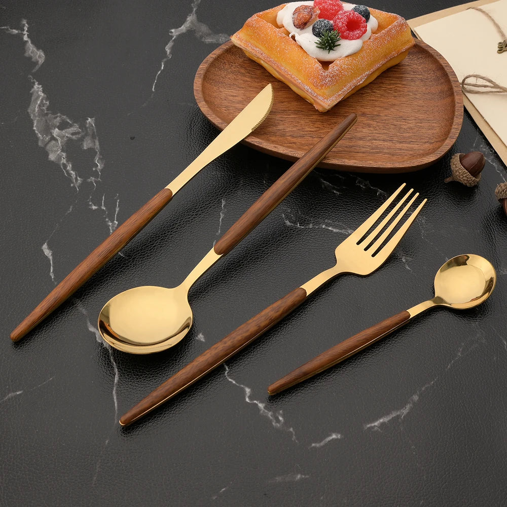 25Pcs Stainless Steel Imitation Wooden Handle Cutlery Set Dinnerware Clamp Western Tableware Knife Fork Tea Spoon Flatware Set