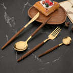 25Pcs Stainless Steel Imitation Wooden Handle Cutlery Set Dinnerware Clamp Western Tableware Knife Fork Tea Spoon Flatware Set