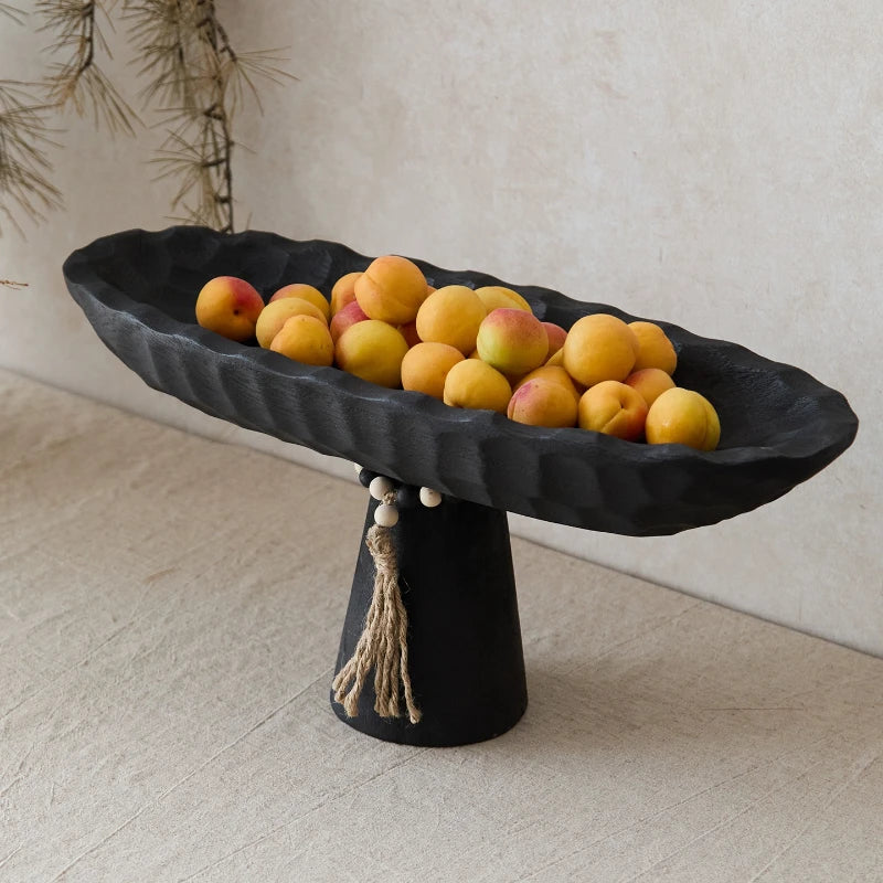 Wood Fruit Bowl, Decorative Black Bowl with Natural Finish Pedestal Use As Centerpiece for Kitchen Counter or Dining Table