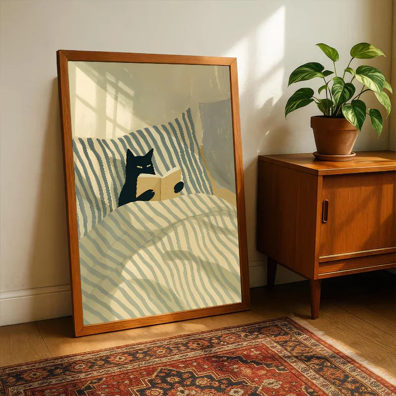 Retro Black Cat Reading Wall Art Prints Reading Theme Poster Canvas Print Painting Artwork Study Bedroom Bookstore Home Decor