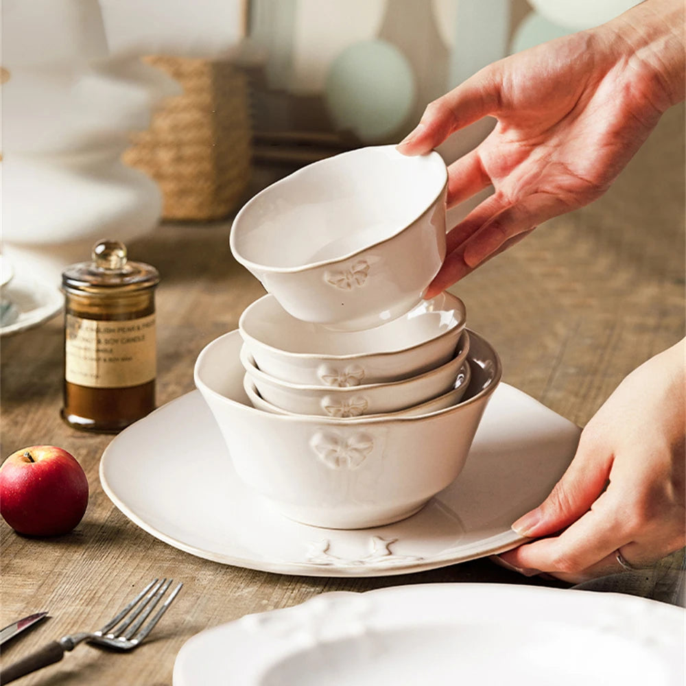 French Style White Set Porcelain Tableware Dishes Household Dish Plate Kitchen Supplies Bow Embossed Bowl Dinner Plate Package