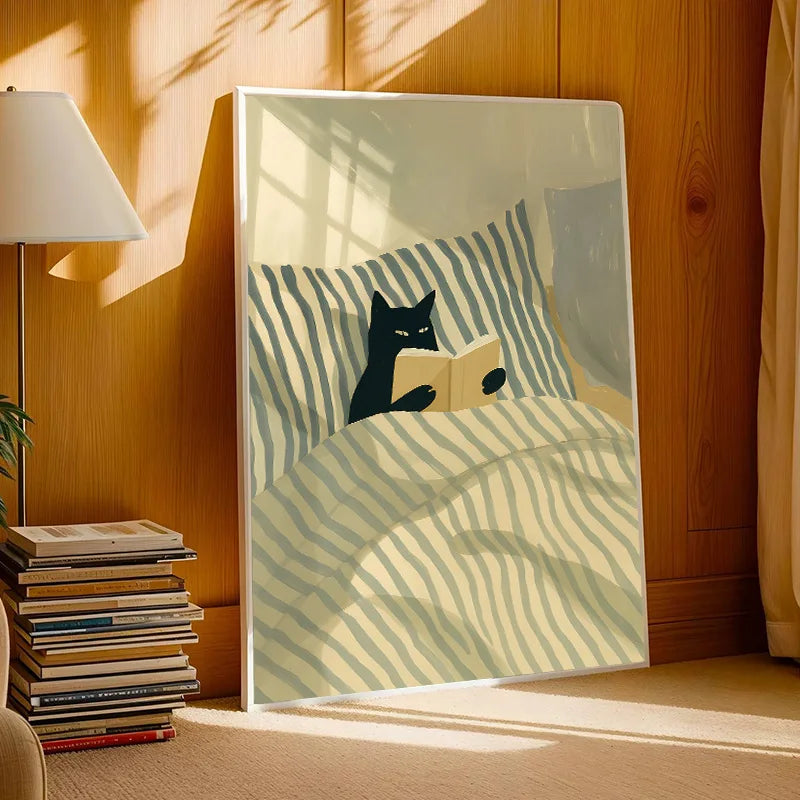 Retro Black Cat Reading Wall Art Prints Reading Theme Poster Canvas Print Painting Artwork Study Bedroom Bookstore Home Decor