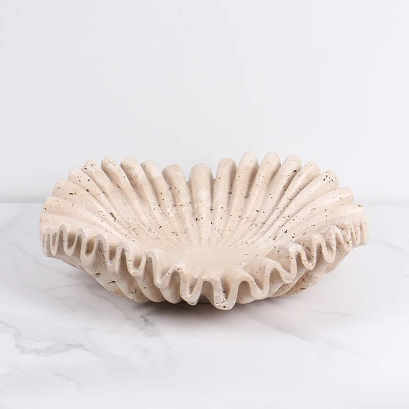 Marble Ruffle Bowl for Kitchen Counter and Living Room Travertine Scallop Bowl for Fruit Jewelry Decorative Tray for Home Decor