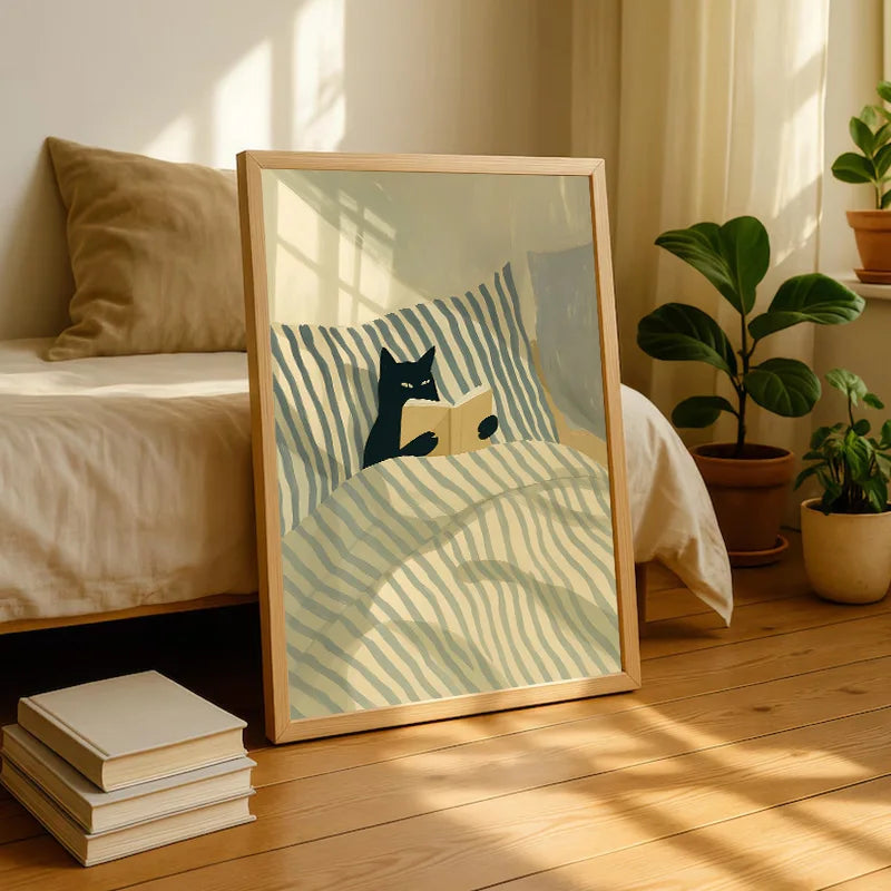 Retro Black Cat Reading Wall Art Prints Reading Theme Poster Canvas Print Painting Artwork Study Bedroom Bookstore Home Decor