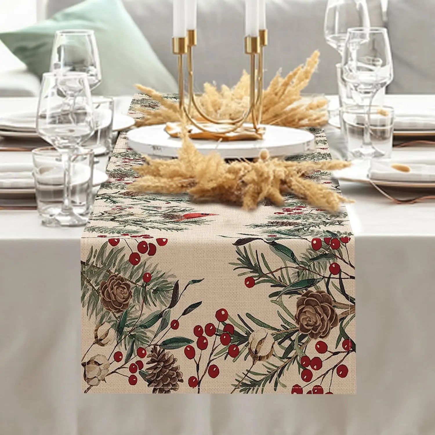 Christmas Pine Needle Branches Linen Table Runner Winter Cardinal Red Birds Farmhouse Kitchen Table Runner Christmas Decorations