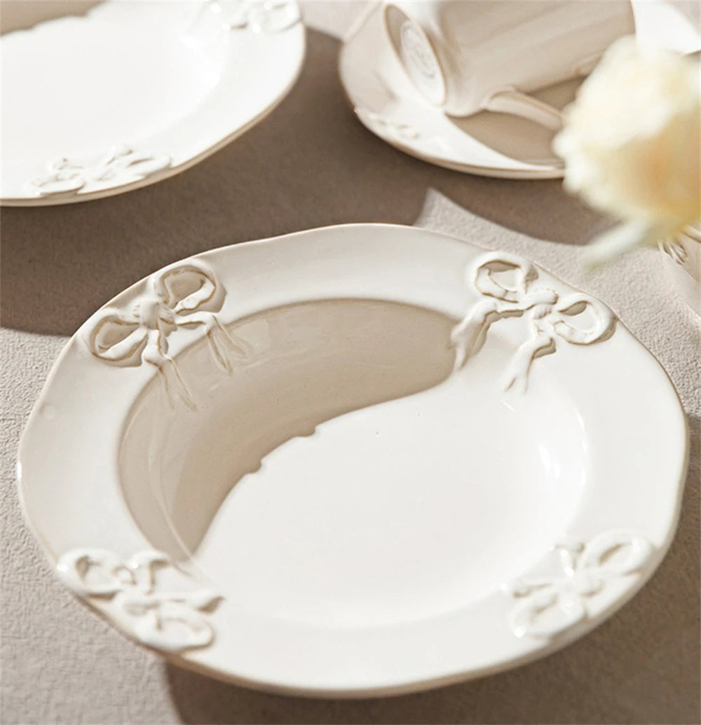 French Style White Set Porcelain Tableware Dishes Household Dish Plate Kitchen Supplies Bow Embossed Bowl Dinner Plate Package
