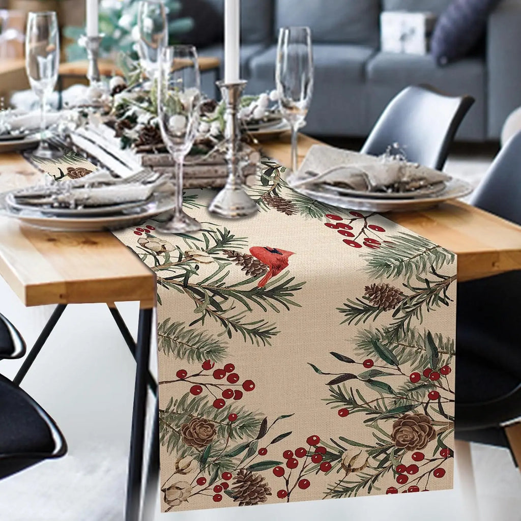 Christmas Pine Needle Branches Linen Table Runner Winter Cardinal Red Birds Farmhouse Kitchen Table Runner Christmas Decorations