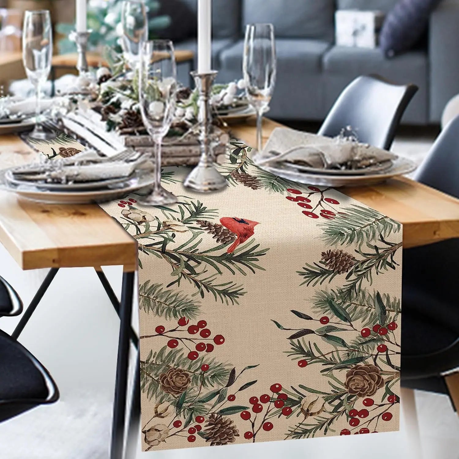 Christmas Pine Needle Branches Linen Table Runner Winter Cardinal Red Birds Farmhouse Kitchen Table Runner Christmas Decorations