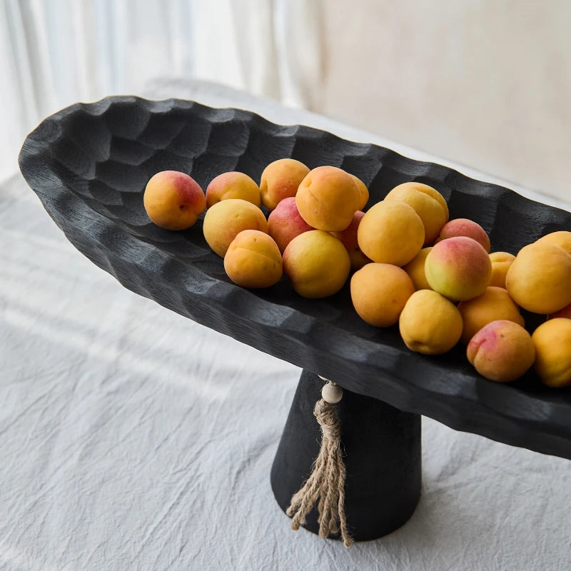 Wood Fruit Bowl, Decorative Black Bowl with Natural Finish Pedestal Use As Centerpiece for Kitchen Counter or Dining Table