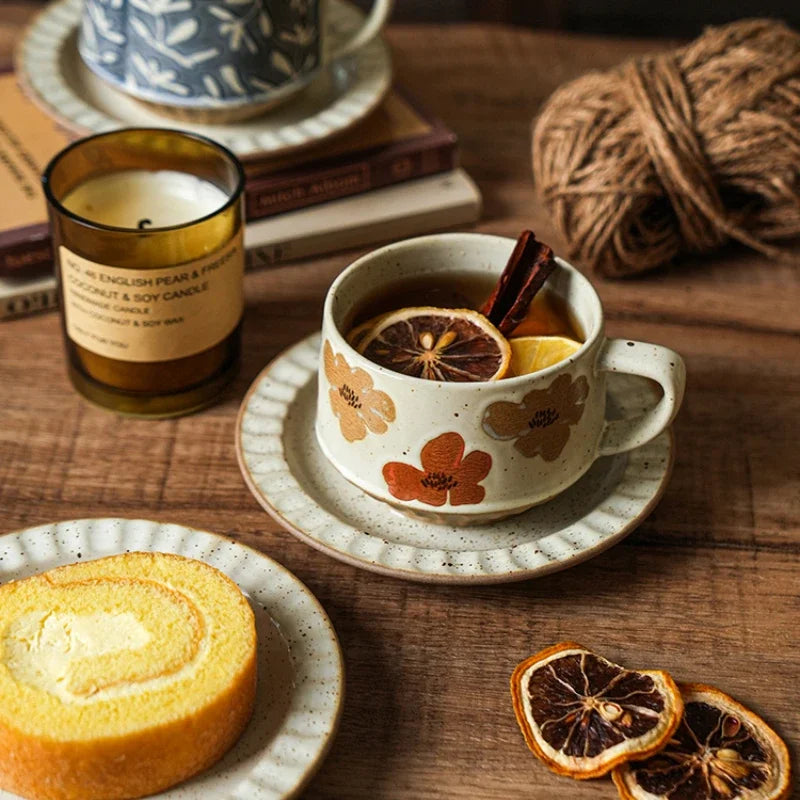 High-class Sense of Retro Coffee Cups and Saucers Set of Creative Rough Pottery Flower Cups Household High-grade Exquisite Mugs