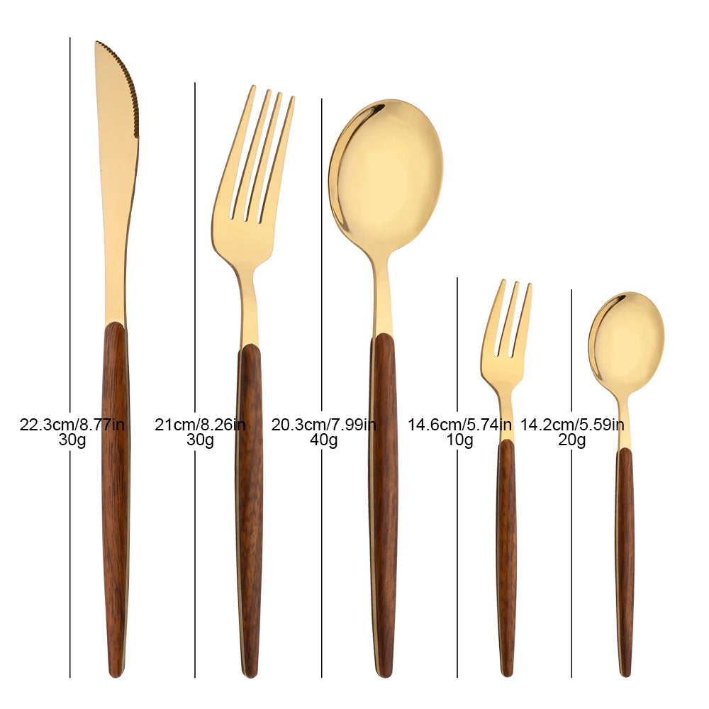 25Pcs Stainless Steel Imitation Wooden Handle Cutlery Set Dinnerware Clamp Western Tableware Knife Fork Tea Spoon Flatware Set