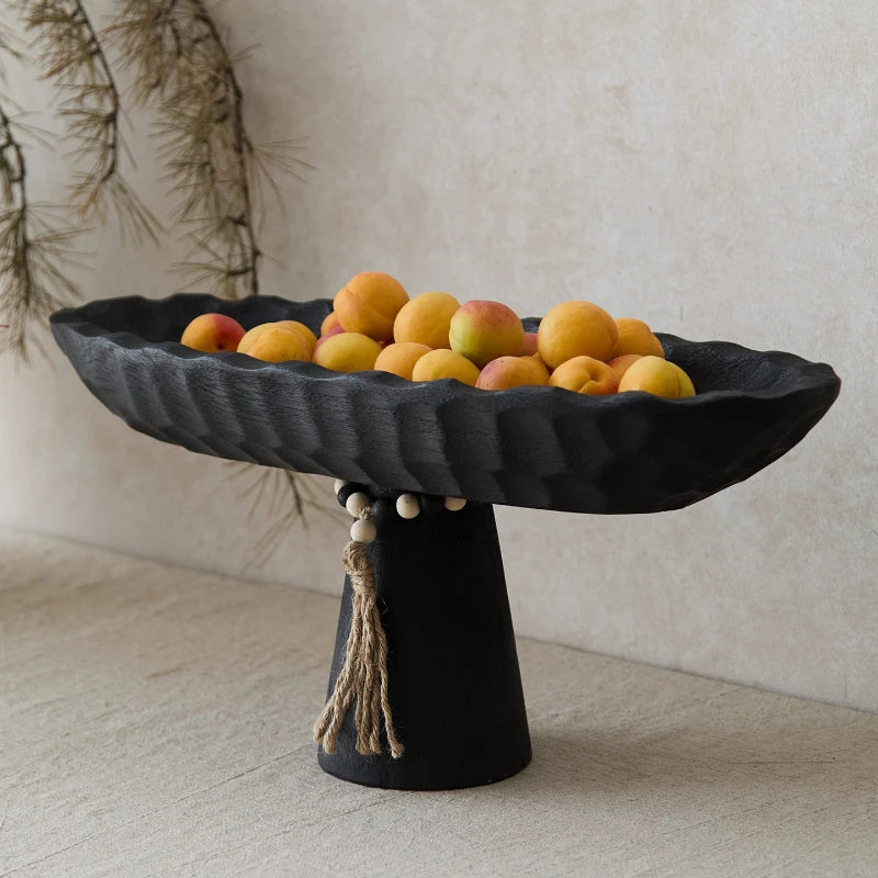 Wood Fruit Bowl, Decorative Black Bowl with Natural Finish Pedestal Use As Centerpiece for Kitchen Counter or Dining Table