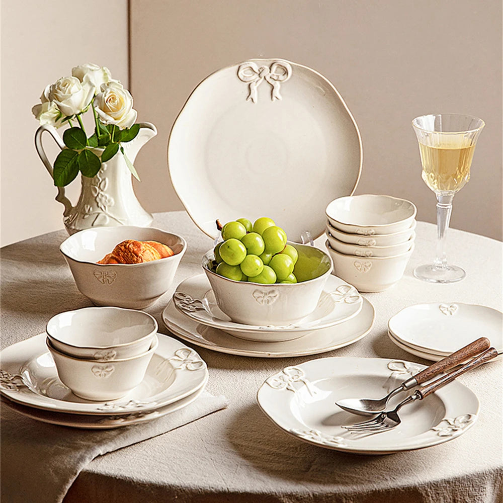 French Style White Set Porcelain Tableware Dishes Household Dish Plate Kitchen Supplies Bow Embossed Bowl Dinner Plate Package