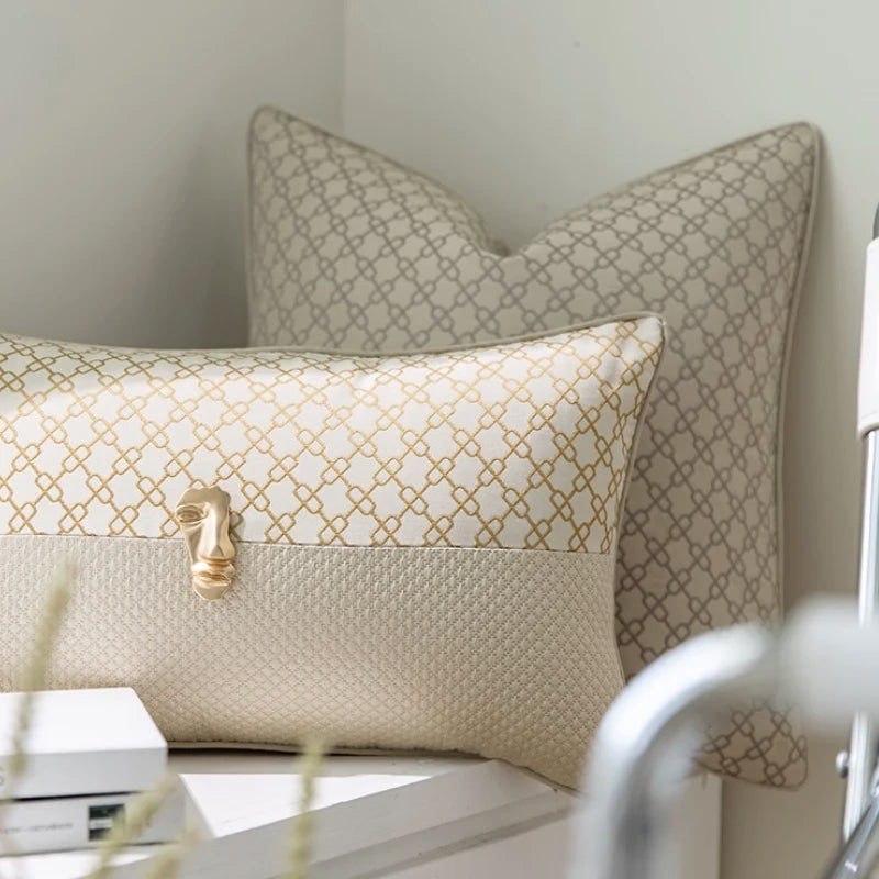 DUNXDECO Oat Color Cushion Retro Geometric Jacquard Cushion Cover Pillow Case Art House Ivory Home Sofa Chair Coussin
