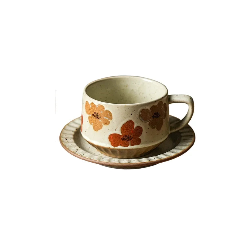 High-class Sense of Retro Coffee Cups and Saucers Set of Creative Rough Pottery Flower Cups Household High-grade Exquisite Mugs