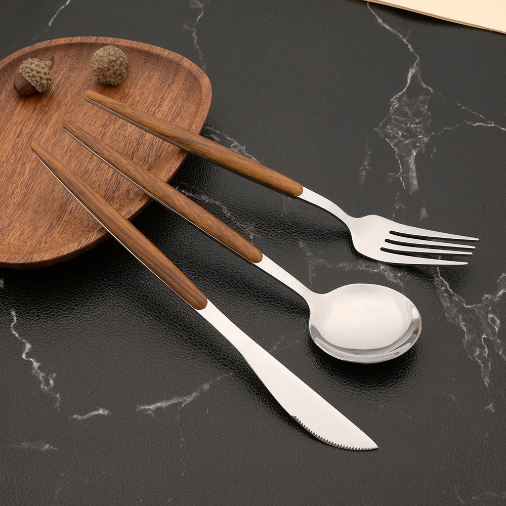 25Pcs Stainless Steel Imitation Wooden Handle Cutlery Set Dinnerware Clamp Western Tableware Knife Fork Tea Spoon Flatware Set