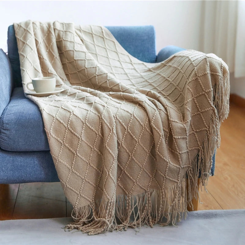 Khaki Knitted Tassel Blanket