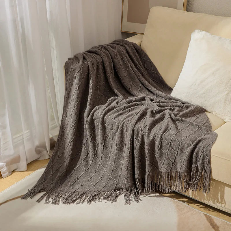 Khaki Knitted Tassel Blanket