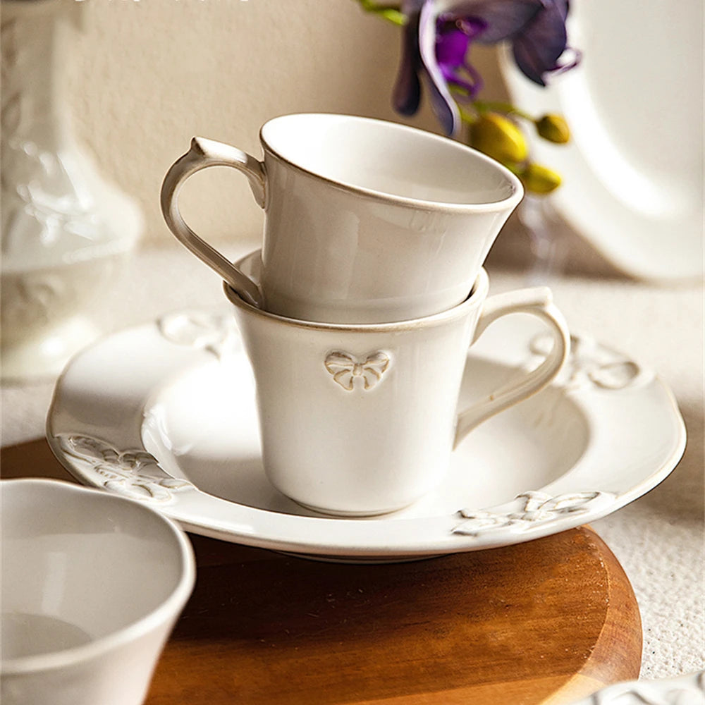 French Style White Set Porcelain Tableware Dishes Household Dish Plate Kitchen Supplies Bow Embossed Bowl Dinner Plate Package