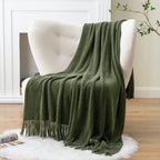 Battilo Soft Chenille Knit Blankets with Tassels Green Plaid Throw Blanket for Bed Couch Decorative Sofa Blanket Bedroom Decor