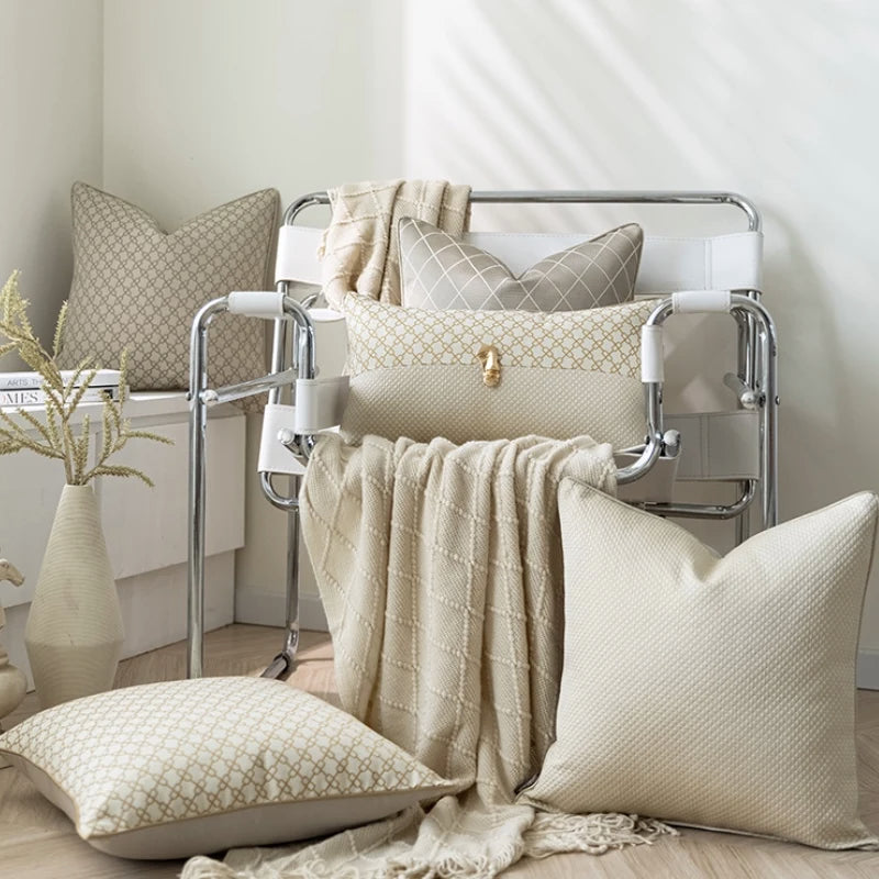DUNXDECO Oat Color Cushion Retro Geometric Jacquard Cushion Cover Pillow Case Art House Ivory Home Sofa Chair Coussin