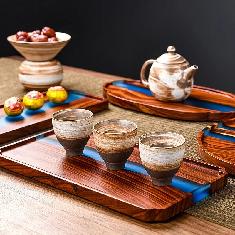 Wooden Tea Tray High-grade Epoxy Resin Retro Tea Table Household Small Dry Bubble Snack Tray Serving Tray Various Size