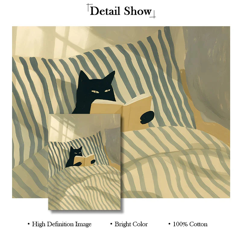 Retro Black Cat Reading Wall Art Prints Reading Theme Poster Canvas Print Painting Artwork Study Bedroom Bookstore Home Decor