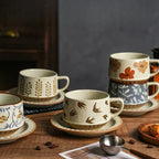 High-class Sense of Retro Coffee Cups and Saucers Set of Creative Rough Pottery Flower Cups Household High-grade Exquisite Mugs