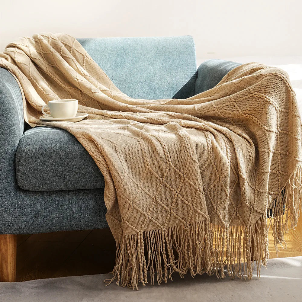 Khaki Knitted Tassel Blanket