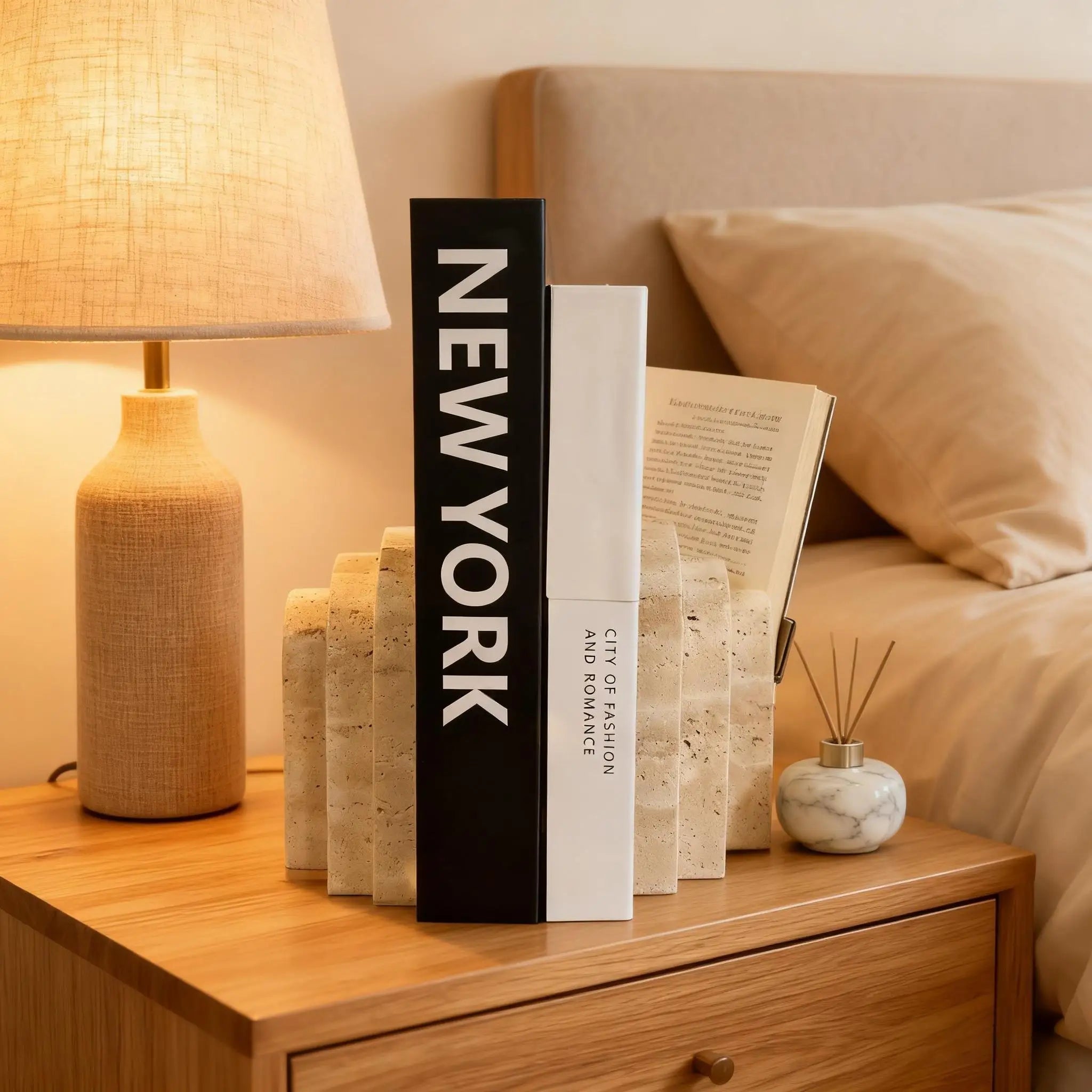 1 Piece Travertine Natural Marble Bookend, Stone Modern Decorative Desk Accessories for Home  Living Room, Office & Bookshelf