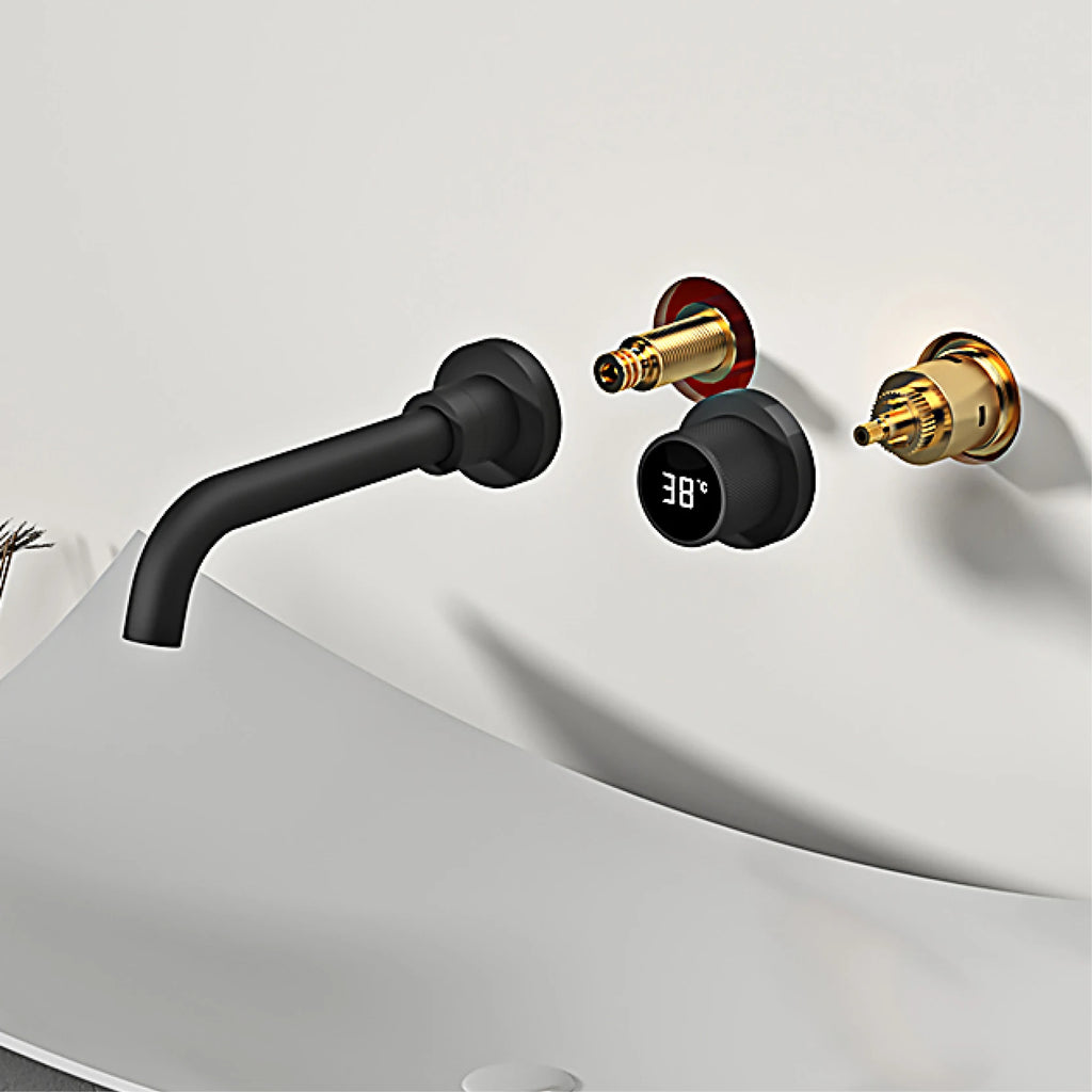 Gestana luxury LED digital display black brass bathroom faucet embedded design single handle hot and cold water 2-hole basin Tap