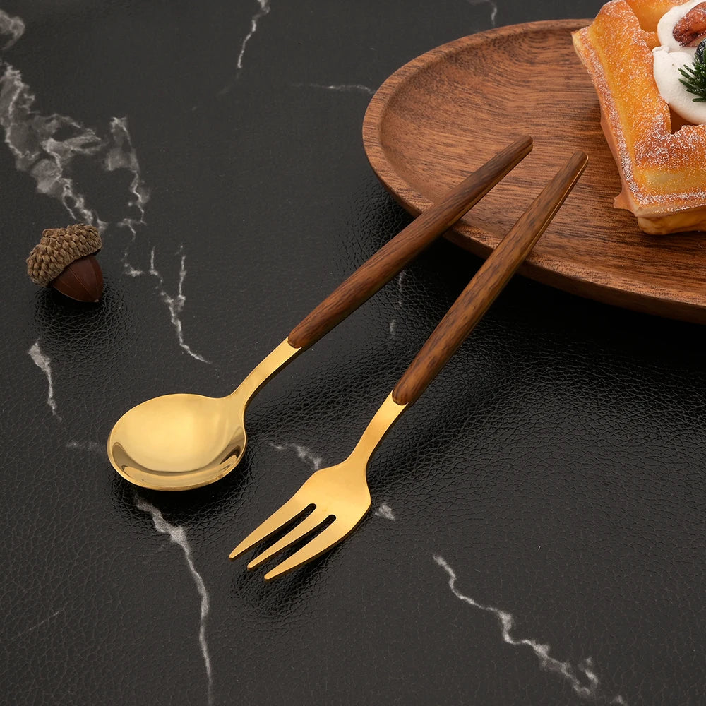 25Pcs Stainless Steel Imitation Wooden Handle Cutlery Set Dinnerware Clamp Western Tableware Knife Fork Tea Spoon Flatware Set